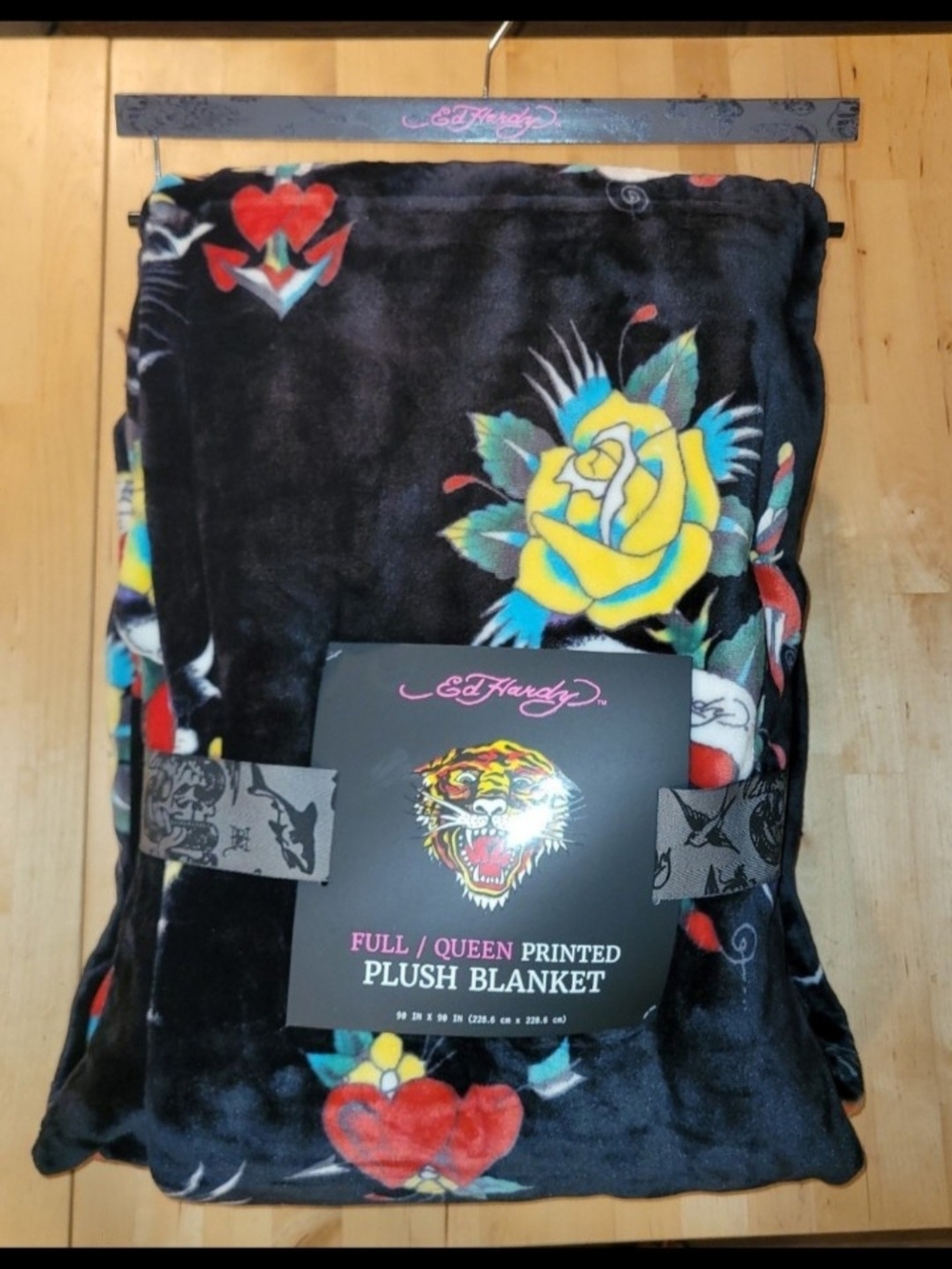 Ed Hardy Full/Queen Plush Blanket - Black with Yellow Rose & Red Heart Motif
